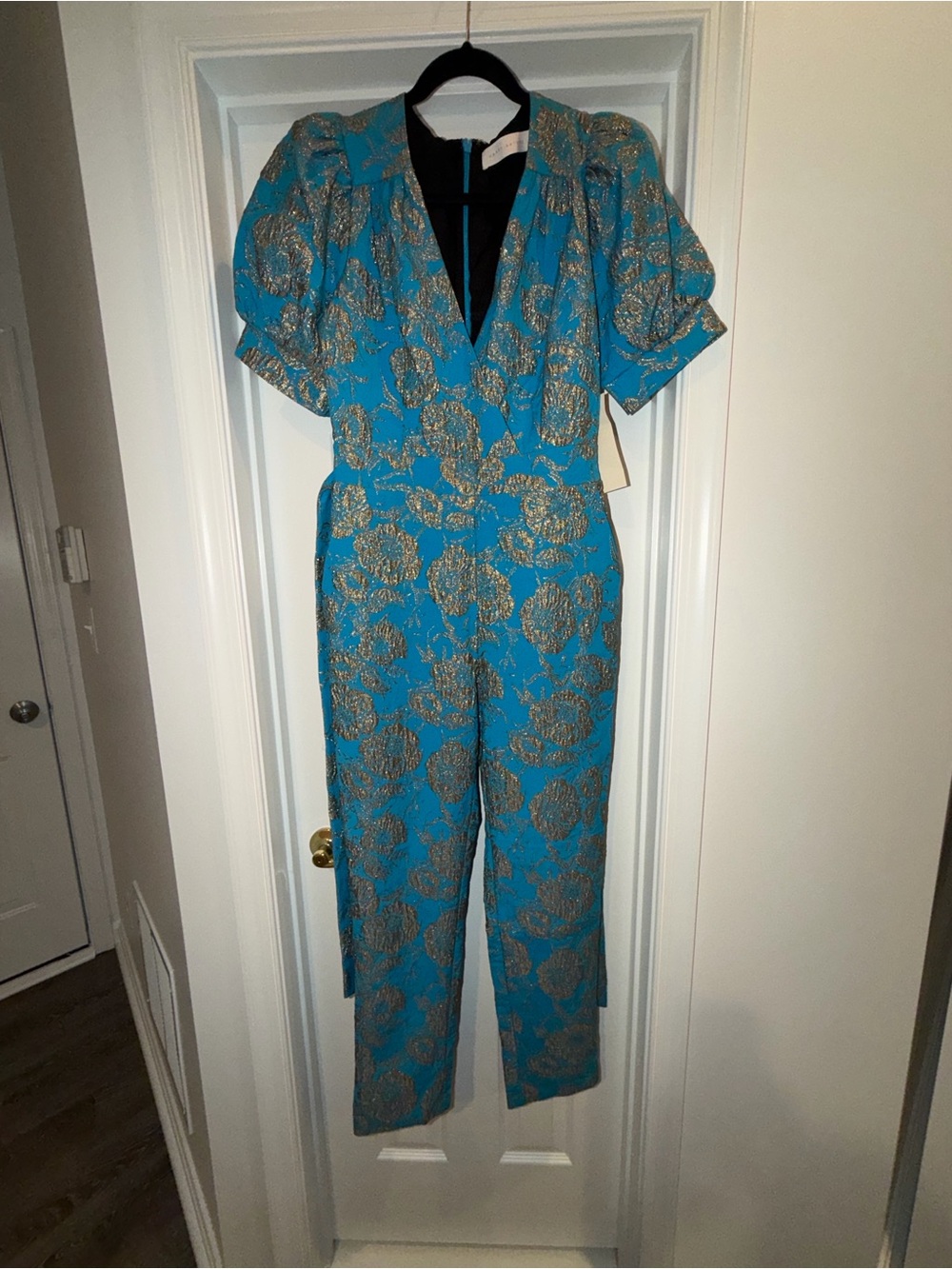 Teal Metallic Floral V-Neck Jumpsuit for Women